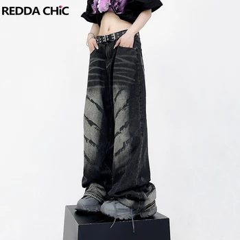 REDDACHiC Retro Must Vurrud Kottis Teksad Naistele Noorte Uisutaja Liiga Vabaaja Püksid Lai Säär Kõrge Vöökoht Püksid Emo Streetwear
