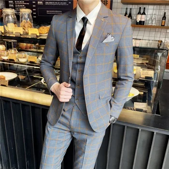 Meeste Boutique Business Slim Sobiks 3-osaline Komplekt (Pintsak+vest+püksid) Moekas Ruuduline Elegantne Ülikond Meestele Peigmees Pulmas Kleit Komplekt