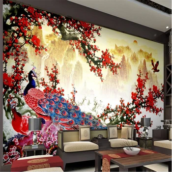 wellyu Suur kohandatud tapeet seina murals maastiku Hiina maali ploomi paabulind Hiina TV taust seina-paber