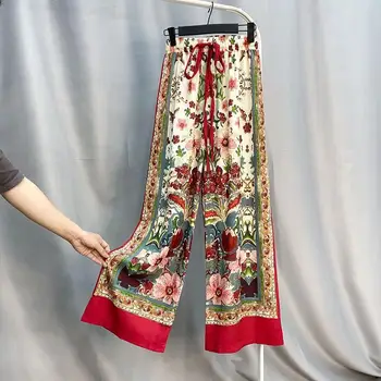 Etnilise lai jalg püksid Bohemian sifonki püksid naiste lahtised slim beach püksid puhkus elastsed püksid lillega püksid