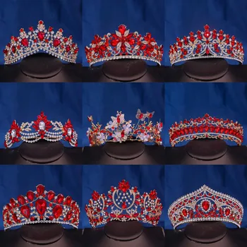 Barokk Vintage Printsess, Kuninganna Punaste Rhinestone Bridal Crown Peakatet Crystal Tiara Naiste Pulm Crown Juuksed Kleit Ja Tarvikud