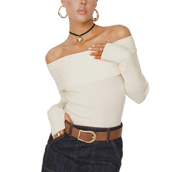 Naiste Off-Õla-Suurpärase Saagi Tops (Solid Color Soonilised Paat Kaelus Pikk Varrukas Lühike Kudumid Klubi Streetwear