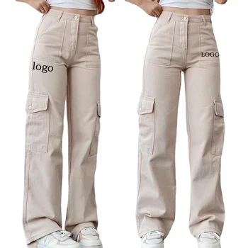 Custom LOGO Uued Naiste Vabaaja Püksid Keskelt Talje kolmemõõtmeline Tasku Puuvill Polüester Püksid Waisted Cargo Püksid