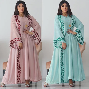 Mood Sifonki Õie Tikitud Abaya Hijab Kleit Naistele Roosa V-Kaelus Pikk Varrukas Lahti araabia Moslemi Dubai Maroko Kauhtana