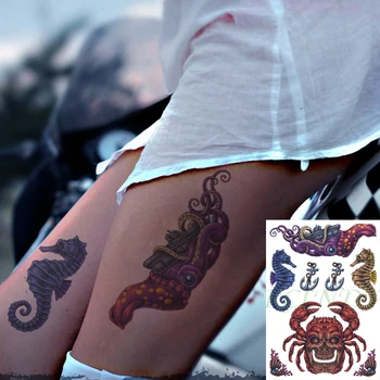 Veekindel Ajutine Tätoveering Kleebis Kaheksajalg Paat Seahorse Kolju Krabi Ankur Shell Flash Tätoveering Võltsitud Tatto Kunst Mehed Naised