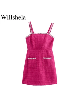 Willshela Naiste Mood, Millel On Taskud Roos Punane Backless Tõmblukk Mini Kleit Vintage Rihmad Square Krae Naine Šikk Daam Kleidid