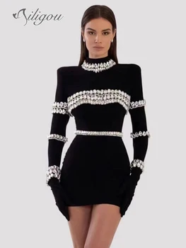 Ailigou 2023 Uus Suvine Naiste Sexy Ümmargune Kaelus Pikk Varrukas Diamond Seksikas Pingeline Mini Sidemega Elegantne Kleit Kuulsus Pool Kleit