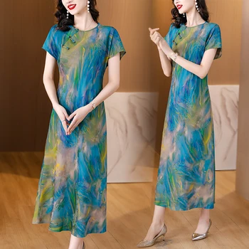 2023 Suvel Uus Siidist Trükitud Lühike Varrukas Kleit O-Kaeluse Retro Hiina Cheongsam Kleit Suur Chinoiserie Slim Põlve Pikkusega Kleit