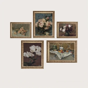 Antiik Lill Lõuendile Maali Vintage Botaanika Seina Art Plakat Ja Print Tume Retro Neutraalne Roosid Lind Ja Õie Pildid Decor