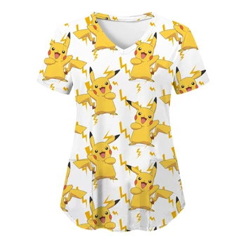 Õde Ühtsed T-shir T-Särk Cartoon T-särgid Suvel Pikachu Top Naiste 2023 Pokemon Haigla V-Kaeluse Tasku Naise Riided Fashion