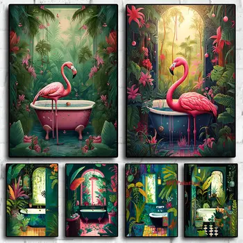 Troopilised Paljususeni Roosa Flamingo Aastal Vann Botaanika Canvas Poster Armas Loom Seina Art Pilte Põhjamaade Kodus Vannituba Decor