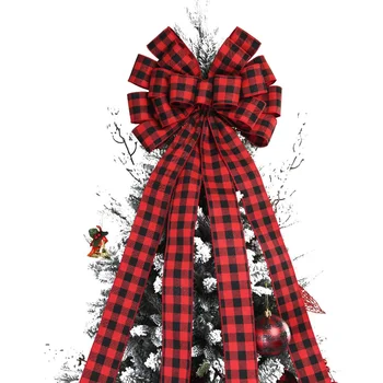 Extra Pikk 1.45 m Christmas Tree Top Star Vibu Kaunistused Punase ja Musta Ruuduline Jõulud Vibu Christmas Tree Teenetemärgi